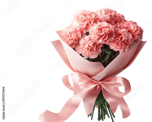 Pink carnations bouquet wrapped in paper with satin ribbon bow isolated.