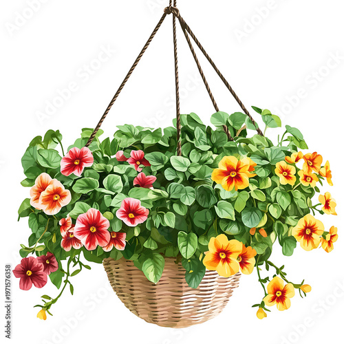 Hanging basket of colorful flowers isolated on transparent png background.