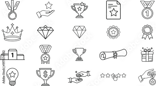 Award and achievement outline icon set with trophy, medal, crown, certificate, rating stars, success symbols, modern line vector collection isolated on light background