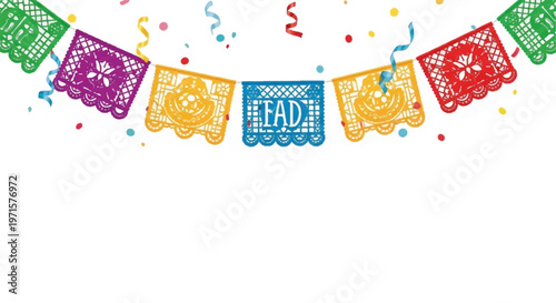 Colorful papel picado banner, festive Mexican party decorations, celebration flags, lead, fiesta, confetti