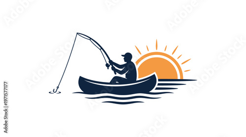 Silhouette Fishing Scene with Sun and Boat Logo