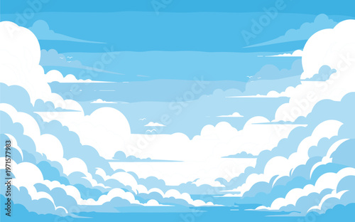 Blue Sky Background with Layered White Clouds and Soft Atmospheric Horizon Scenic Nature Illustration for Banner, Wallpaper, Weather, and Landscape Vector Design