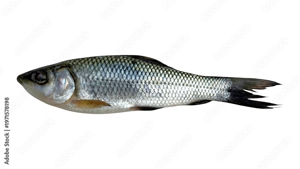 Fototapeta premium Single raw freshwater fish with glistening silver scales ready for culinary preparation or display