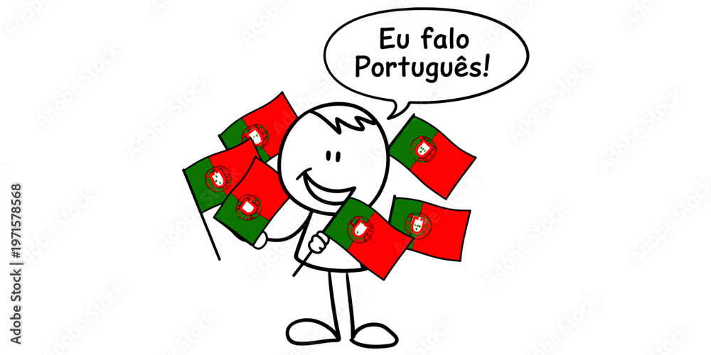 Fototapeta premium A cartoon character holding several small portugal flags while speaking the portuguese language. Vector, illustration