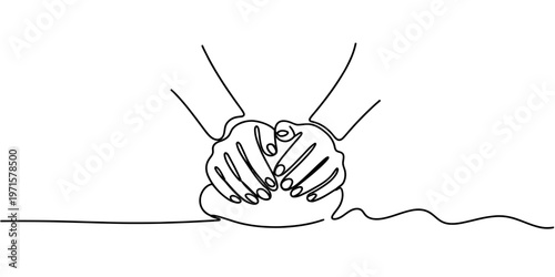 A single continuous line drawing of two hands kneading fresh dough on a flat kitchen surface area Vector, illustration
