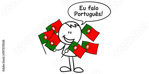 A cartoon character holding several small portugal flags while speaking the portuguese language. Vector, illustration