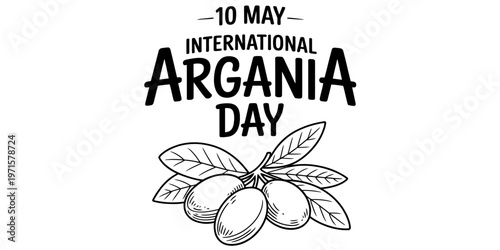 A black and white graphic design celebrating the annual international argania day on may tenth. Vector, illustration