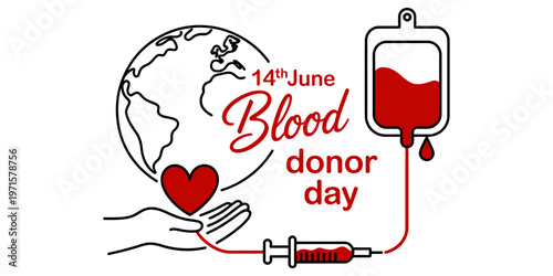 World blood donor day illustration featuring a globe, a heart, and a medical blood bag transfusion Vector, illustration
