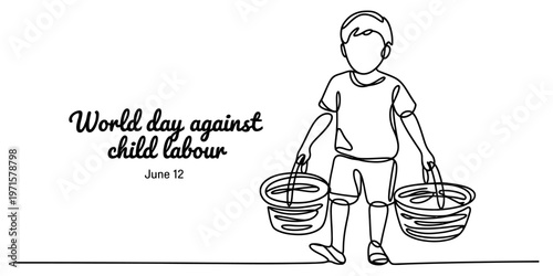 A single line drawing of a young boy carrying two heavy buckets for the world day against child labour Vector, illustration