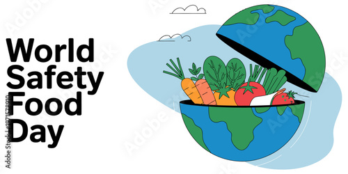 A creative illustration celebrating world food safety day with a globe filled with fresh produce. Vector, illustration