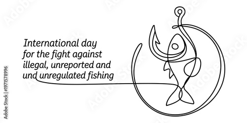 A minimalist black and white line art illustration representing the illegal fishing awareness day. Vector, illustration
