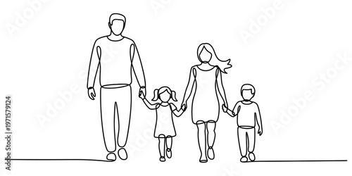 A single continuous line drawing of a happy family consisting of parents walking with two children Vector, illustration
