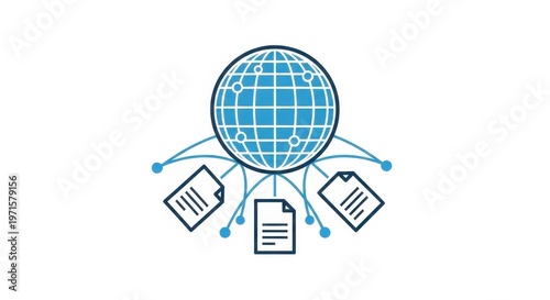 A blue globe with documents connected to it