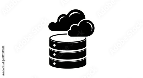 A black and white icon of a database with a cloud