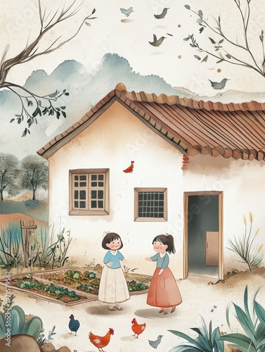 Two girls in front of a house with chickens and birds