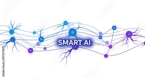 Artificial intelligence, neural network, smart AI, futuristic technology, blue and purple connections