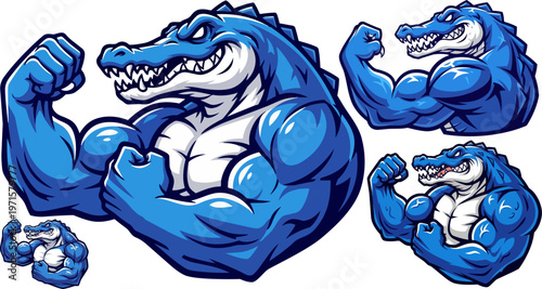 Muscular blue alligator, cartoon crocodile illustrations, flexing animal icons, gym vector graphics