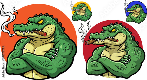 Tattooed cartoon alligators, muscular reptiles, smoking cigars, colorful icons