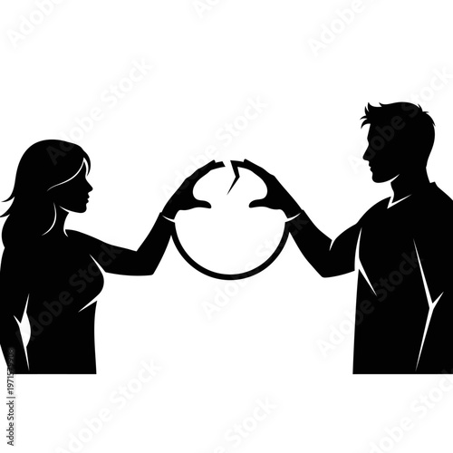 A black silhouette of a man and woman holding a broken heart