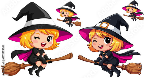 Halloween witches, cartoon characters, flying broomsticks, black and pink costumes, festive icons