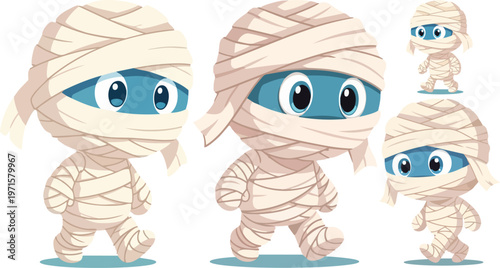 Cartoon mummy characters, wrapped creatures, blue eyes, beige bandages, Halloween icons
