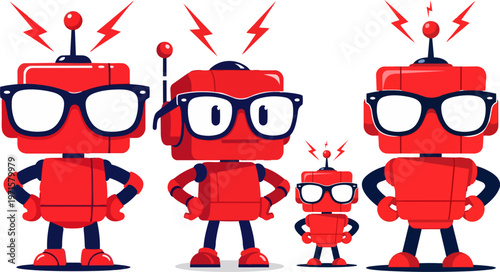 Red robot characters, cartoon tech icons, vector illustration set, robotic designs