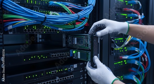 IT technician installing a server module into a rack mount system. Hardware maintenance and infrastructure upgrade. Professional hands in gloves sliding a computer component into a slot