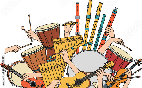 Musical instruments set with hands playing guitar drums flute and violin orchestra flat vector
