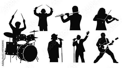 Musical performance silhouettes set with singers drummer guitarist violinist and flute player vector
