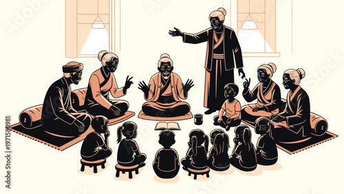 Storytelling circle vector elder storyteller with children listening cultural heritage oral tradition session