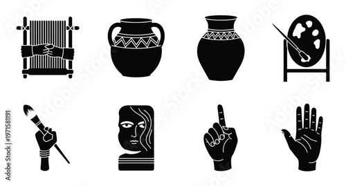 Art icons vector loom pot vase palette brush bust hand point open set