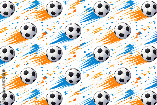 A vibrant pattern of black and white soccer balls against a colorful backdrop