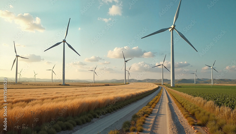 Obraz premium Wind turbines along rural road through farmland under clear sky with copy space