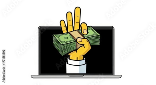 A hand holding money comes out of a laptop screen