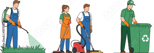 Cleaning Service Workers and Waste Management Staff Vector Set with Housekeeping Tools, Recycling Bin, Vacuum Cleaner and Professional Janitorial Characters Collection