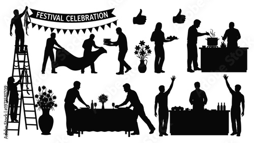 Festival celebration silhouettes vector team prep party decor food serve table set