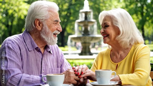 Elderly couple sitting in park.