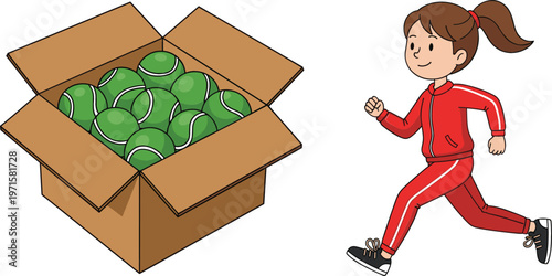 Cardboard box filled with green apples and girl running in sportswear cartoon vector illustration set