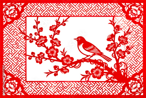 Red Chinese Paper Cut Art of Bird on Plum Branch