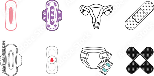 Feminine Hygiene and Menstrual Care Icon Set with Sanitary Pads, Uterus Symbol, Bandage and Period Protection Products Vector Collection