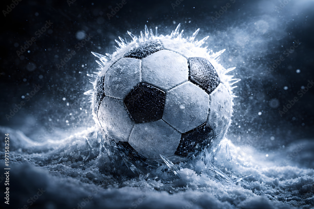 Naklejka premium A frozen soccer ball bursts through ice showcasing winter sports and dramatic effects