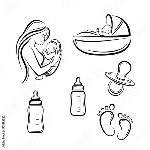 Baby Icons Motherhood Parenting Essentials and Symbols Vector Art