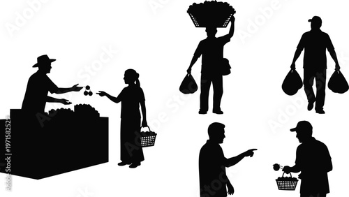 Marketplace silhouettes vector vendor buyer stall shopping basket produce trade scene bazaar crowd