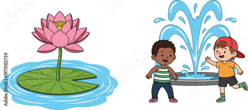 Pink lotus flower on water lily pad and happy kids playing near fountain cartoon vector illustration set