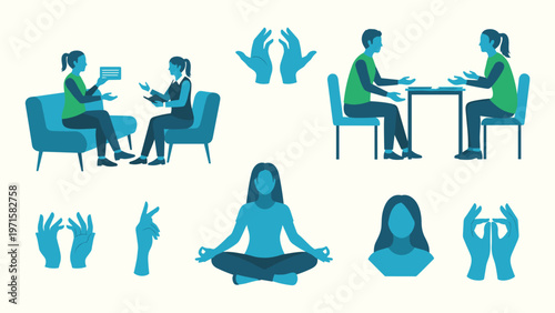 Mental health counseling and meditation set with therapy session and mindfulness wellness vector