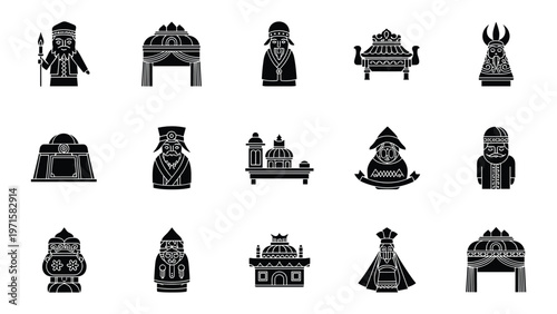 Mongolian cultural icons vector set 16 traditional nomadic symbols hats yurts robes artifacts