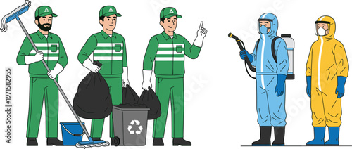 Professional Cleaning Workers and Disinfection Team in Protective Suits Performing Sanitation, Waste Management, and Hygiene Services Vector Illustration Set