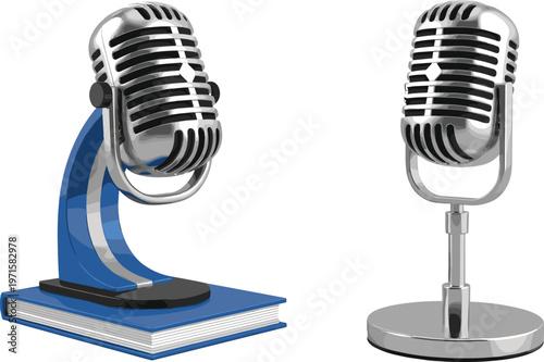 Retro Microphone Vector Illustration Set with Vintage Audio Recording Equipment on Stand and Podcast Studio Concept Design