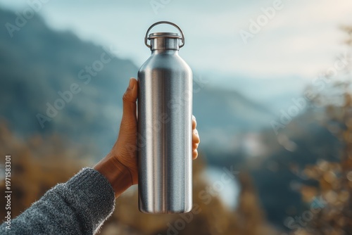 Person holding metal water bottle in nature setting