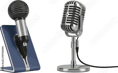 Vintage and Modern Microphone Illustration Set with Classic Studio Recording Equipment, Podcast Audio Devices, and Professional Broadcast Sound Technology Concepts